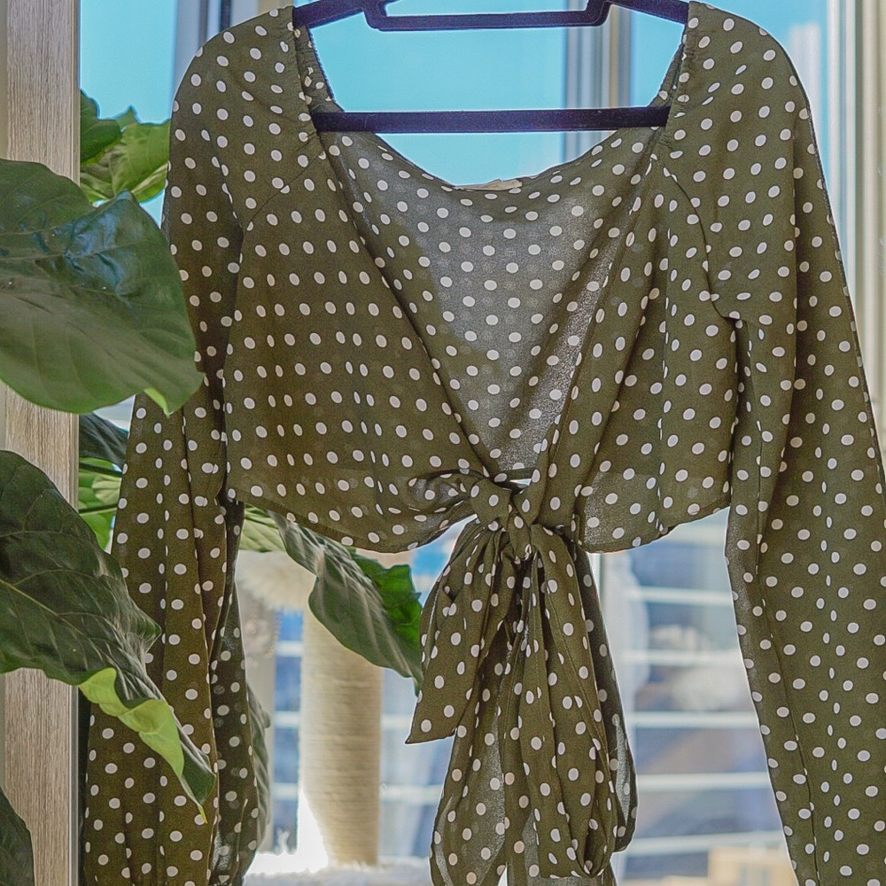 Green polka dot wrap top
